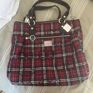 Coach Poppy Tartan Plaid Tote Bag with Leather Handles